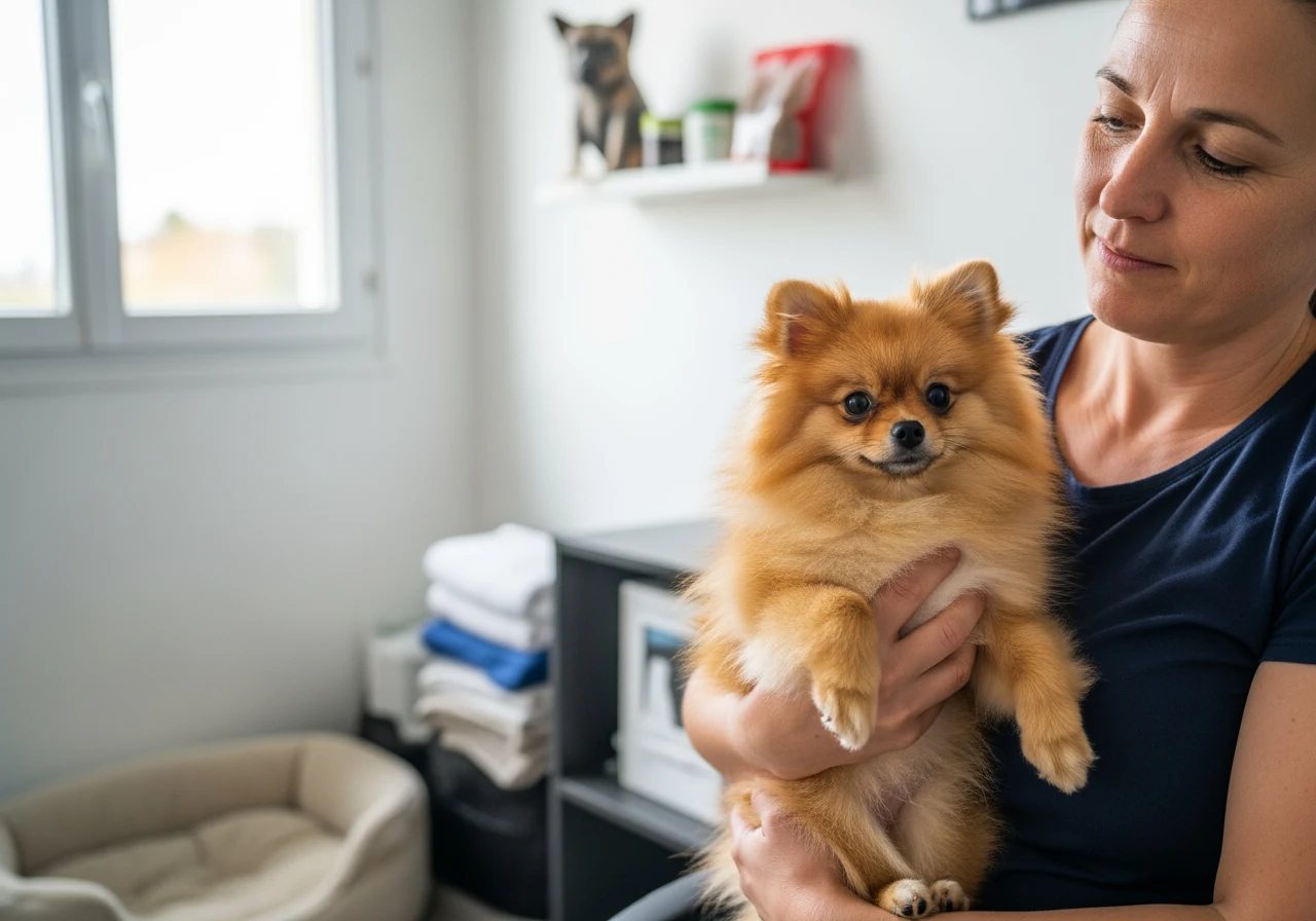 Photo réaliste d'une éleveuse adulte tenant un Spitz Nain orange dans une pièce d'élevage lumineuse et soignée