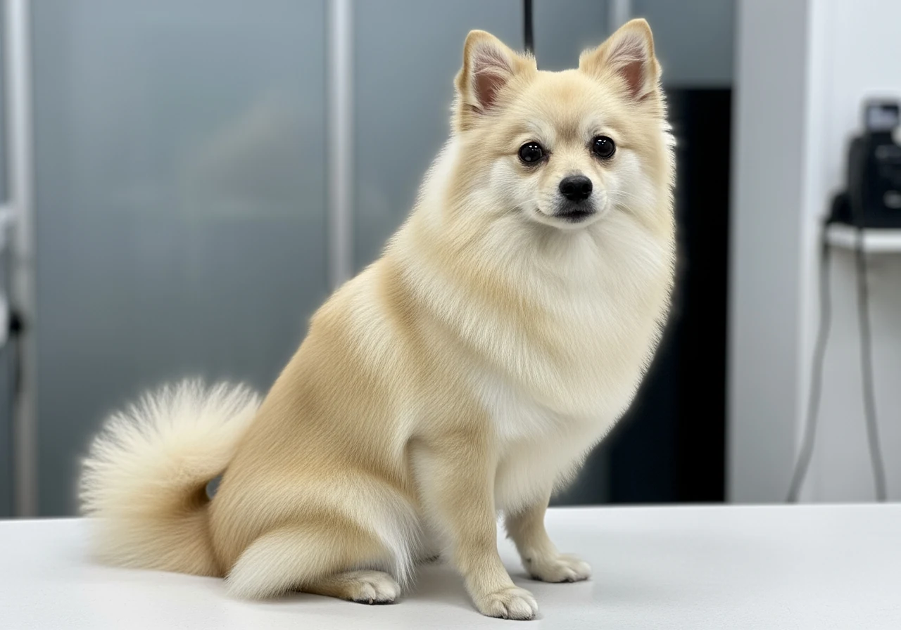 Spitz Nain pendant une seance de toilettage, pelage volumineux