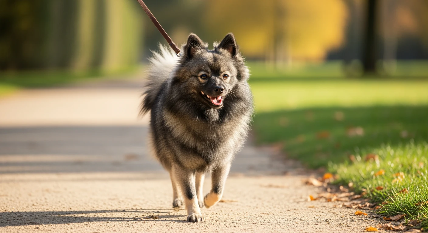 Spitz Nain en promenade urbaine, tenu en laisse par son proprietaire